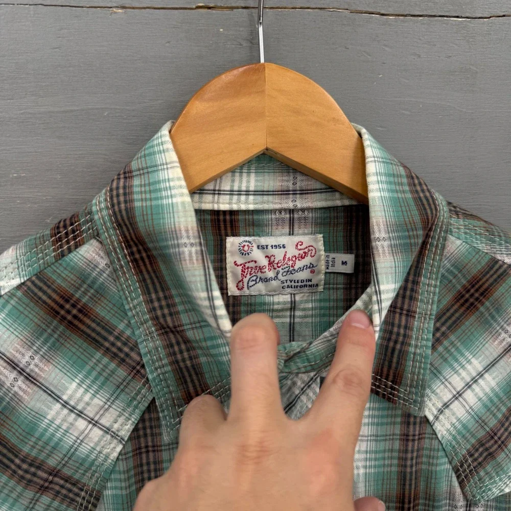 True Religion Western Pearl Snap Shirt Green Brown Plaid Long Sleeve Medium